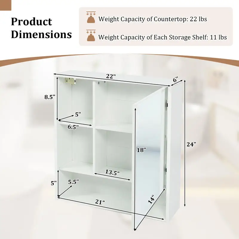 Wall-Mounted Mirror Cabinet with 2 Hidden Shelves and 3 Open Compartments-White view 3