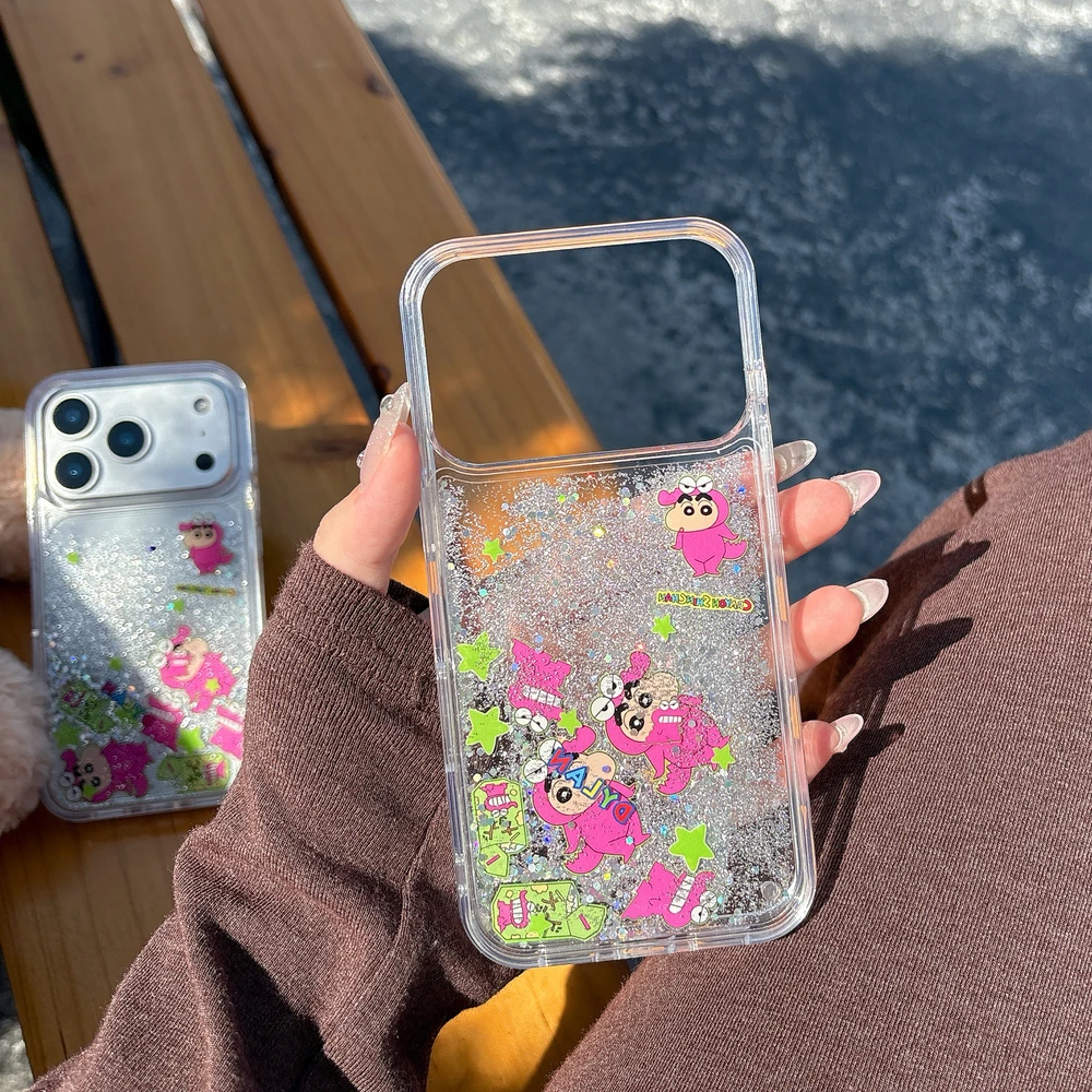 Coque de téléphone rigide transparente à paillettes et sable mouvant, motif dessin animé japonais Crayon Shin-chan, pour iPhone 17 16 15 14 13 Pro Max
