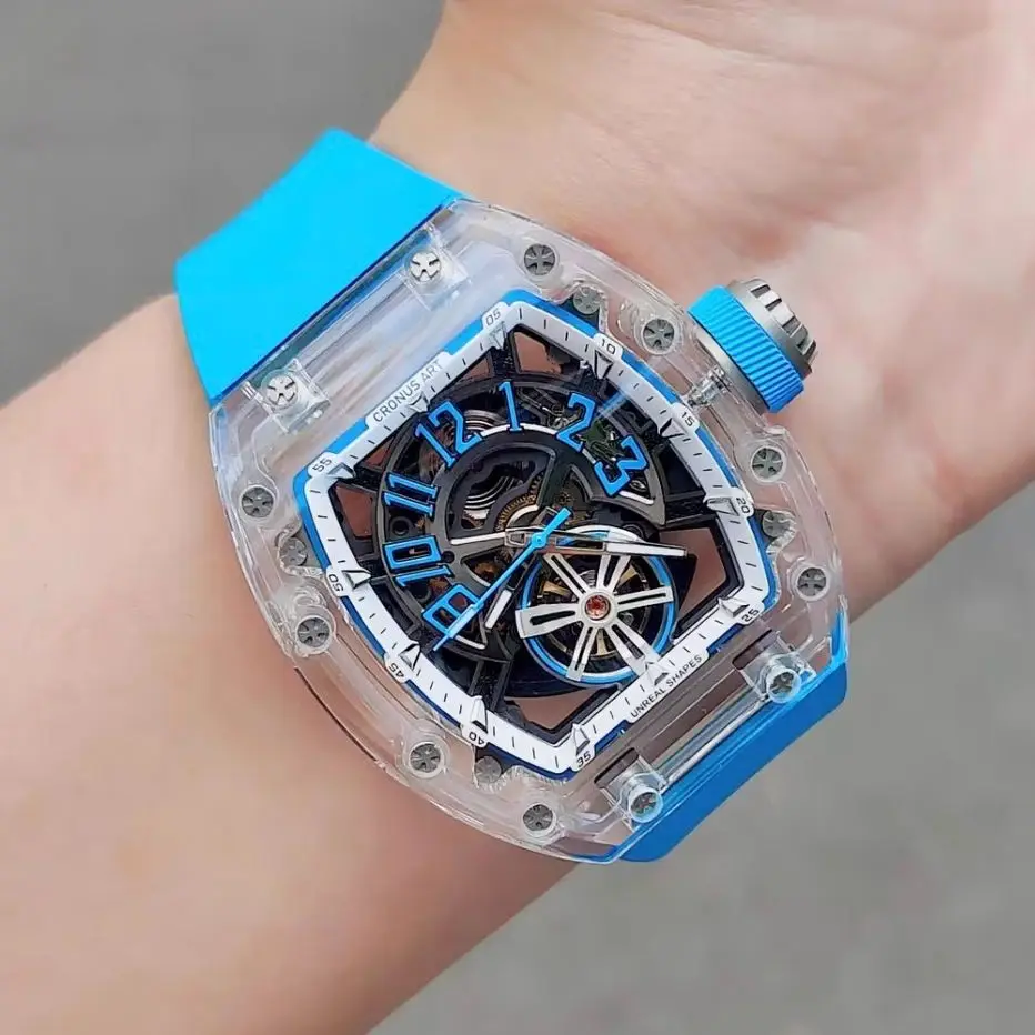 CRONUSART Men Automatic Watch 50mm Tonneau Mechanical Wristwatch Acrylic Case FKM Strap Semi-circular Luminous Scales