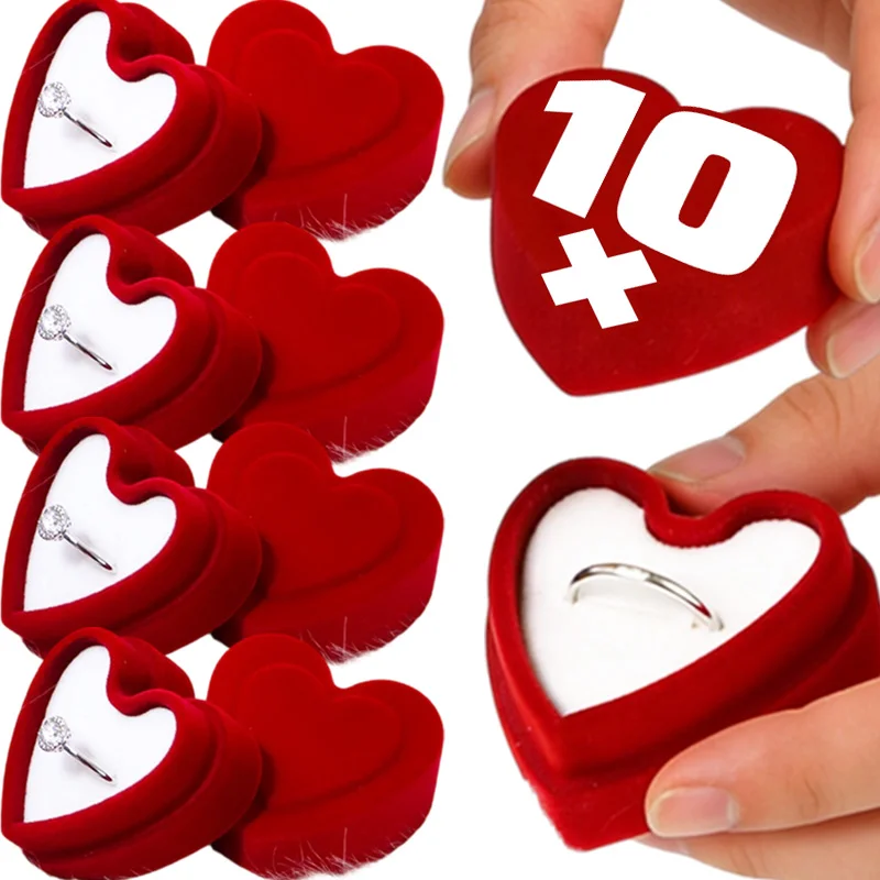 

1/10Pcs Flocking Red Heart Shape Ring Boxes Top-and-bottom Lid Jewelry Box Romantic Wedding Earrings Display Cases Holder Gift