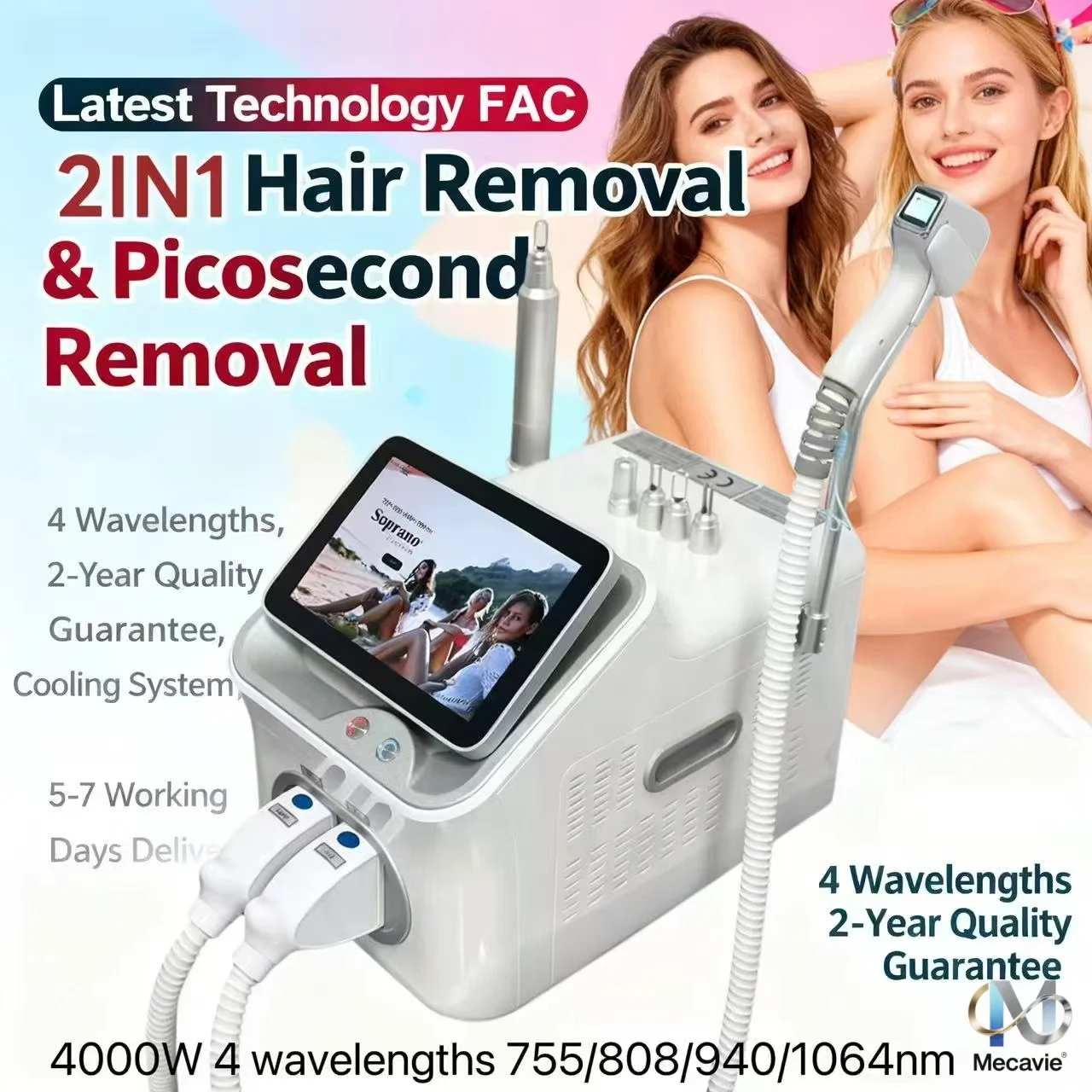 

Диод Пикосекундный лазерный диод Постоянное удаление волос Безболезненная технология 4000 Вт 755 нм 808 нм 940 нм 1064 нм Новейший 2 в 1