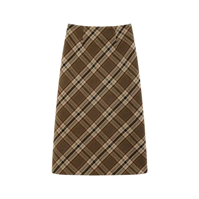 Autumn Winter Women Plaid Wool-Like Skirt High-Waisted Slim Fit Retro American Style Pencil Midi Skirt Elegant and Chic Bottom