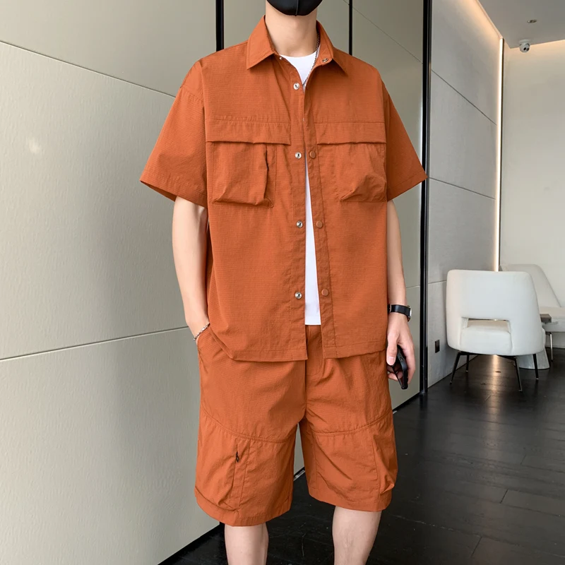 

Комплект шорт-карго для мужчин, дышащий летний наряд, свободная рубашка с короткими рукавами и карманами, большой размер, японский повседневный стиль