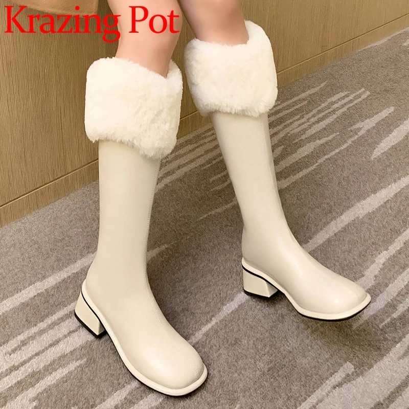 Krazing Pot Full Grain Leather Med Heels Round Toe Snow Boots Cold-resistant Joker French Romantic Fur Zip Over-the-knee Boots