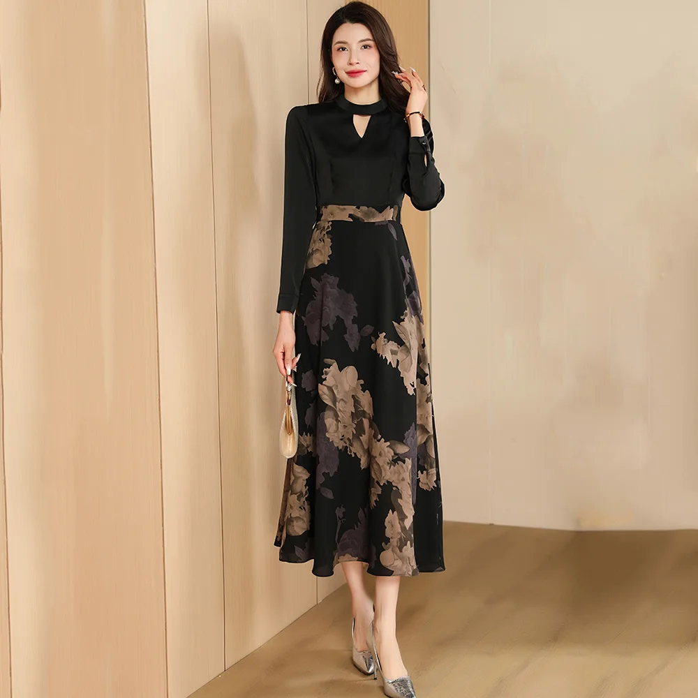 

New Women Spring Summer Print Long Dress Fashion Hollow Out Stand Collar Long Sleeve Slim Dress Elegant Exquisite Black Dress