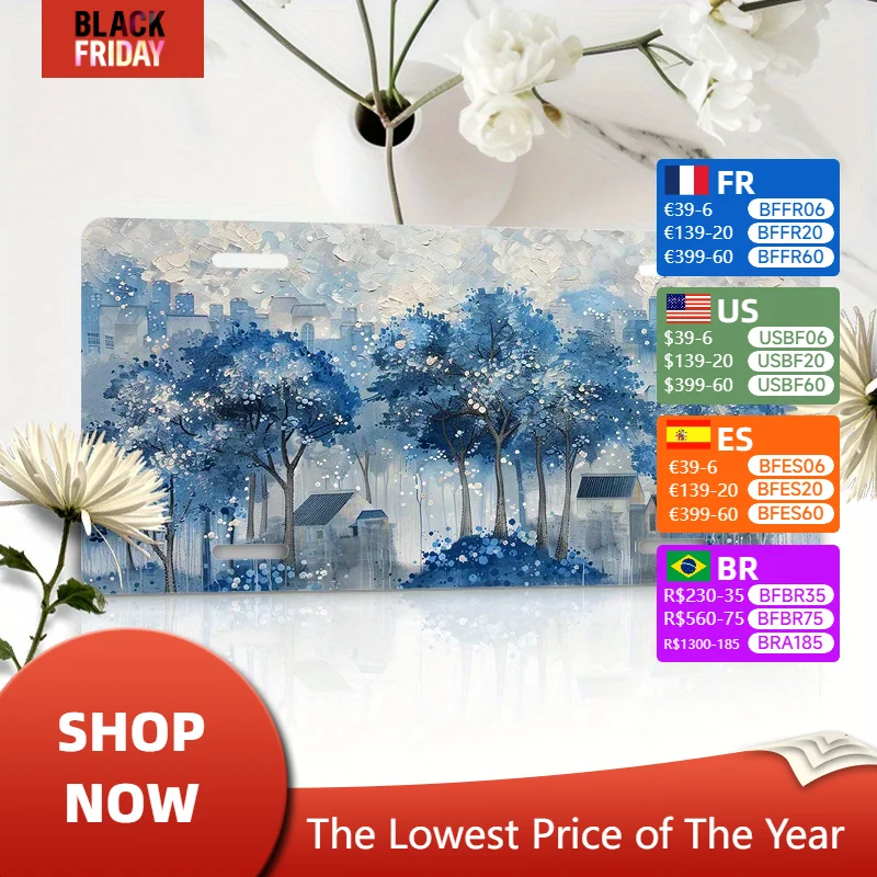 6X12 Inches (15.2X30.5 Cm) Aluminum License Plate: Blue Trees, White Flowers and Small House - Waterproof and Durable