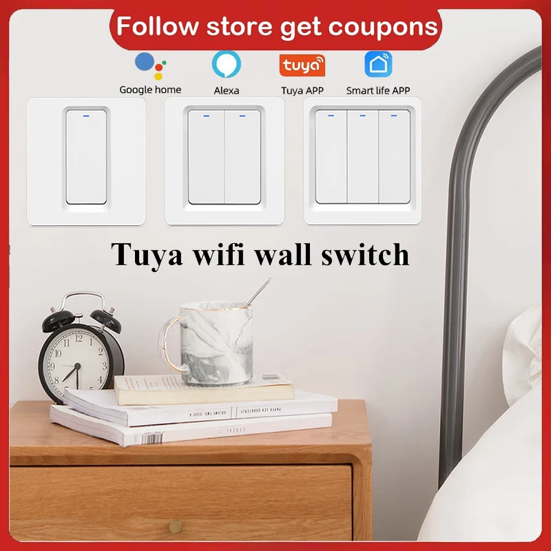 

Умный Wi-Fi выключатель Tuya, настенный кнопочный 1/2-позиционный переключатель, совместимый с приложением Google Alexa Assistant и SmartThings
