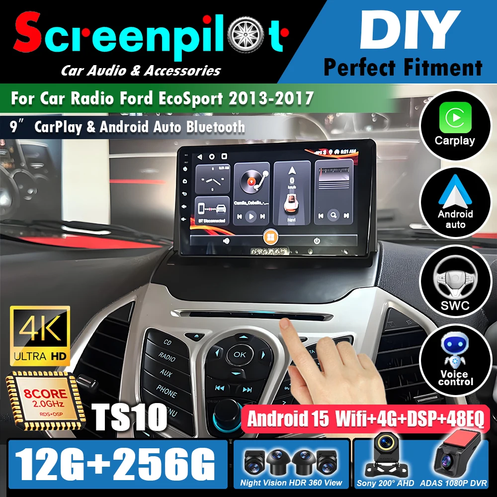 Radio para Auto con Android 16 y Carplay para Ford EcoSport 2013 2014 2015 2016 2017, Radio para Auto con GPS, Navegación, Reproductor de Video y Multimedia