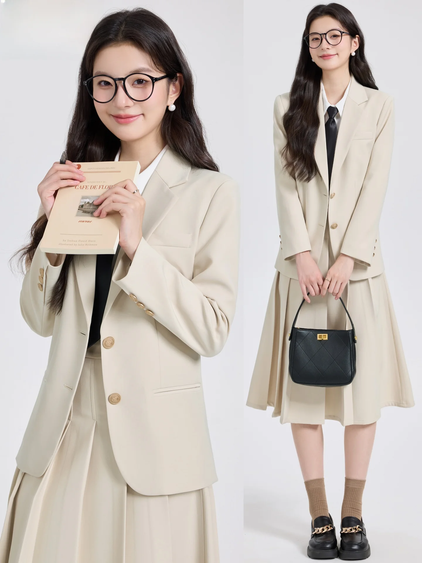 

Apricot Women's Suit Set Casual College Style Two-Piece Outfit with Coat And Skirt High-End Feeling Interview Ready Daily Wear