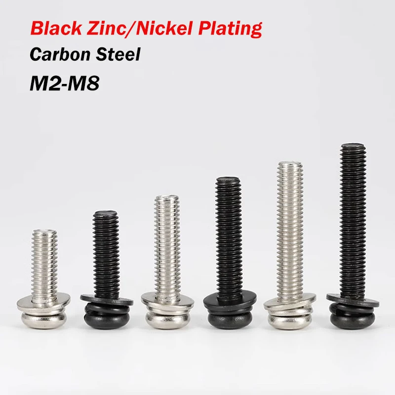 M2-M8 Black Zinc/Nickel Plated Cross Recessed Phillips Pan Head Flat/Spring Washer Assemble Bolt Three Combination Screw