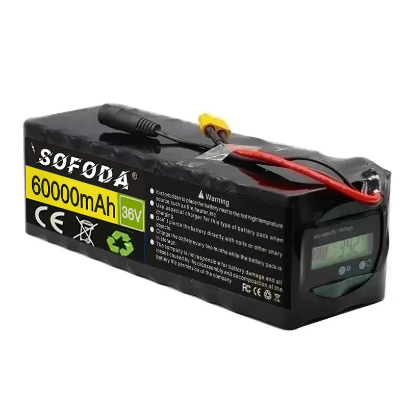 36V Battery 10S4P 60Ah Battery Pack 500W High Power Battery 42V 60000mAh Ebike Electric Bicycle xt60 BMS with Capacity Indicator