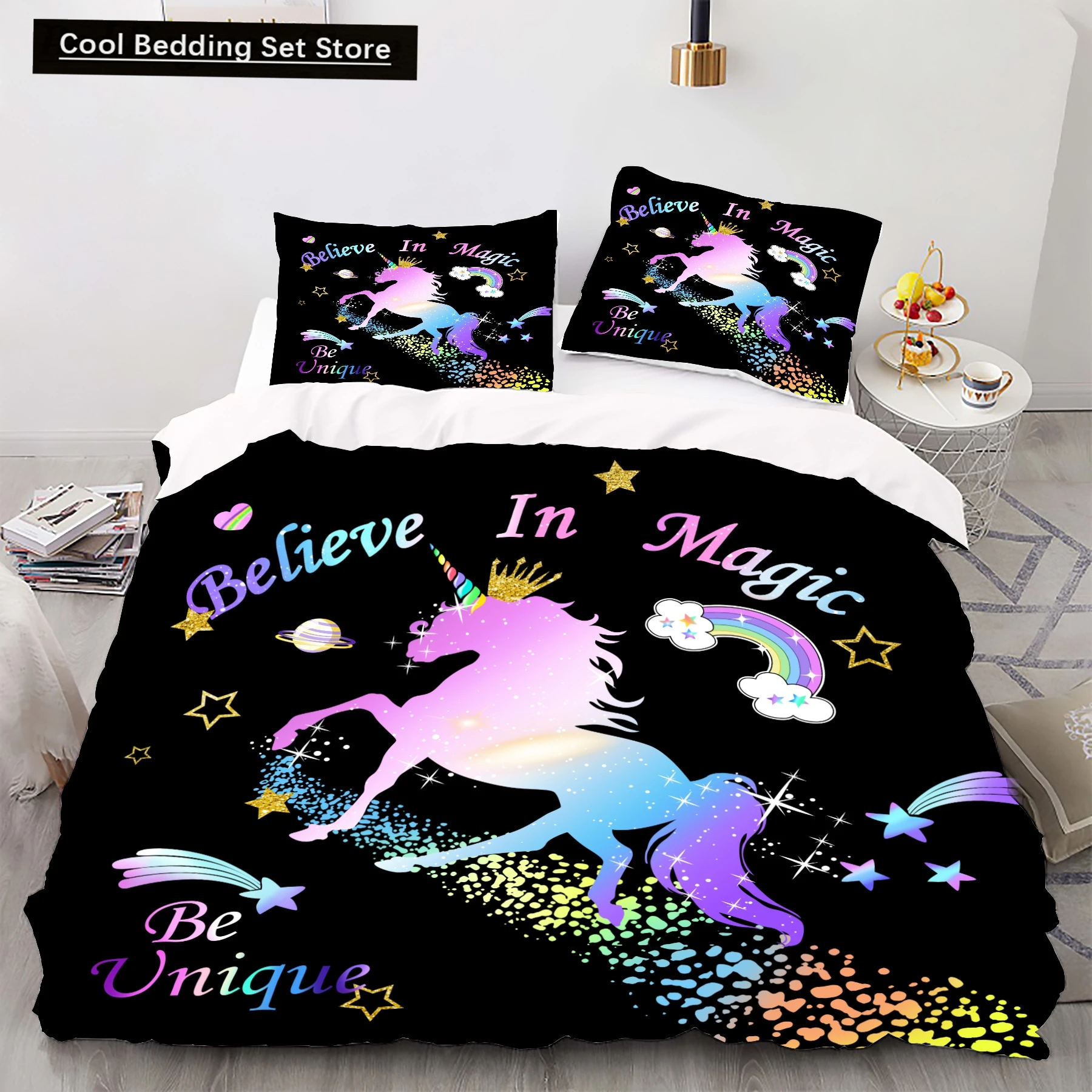 

Cartoon Rainbow Unicorn Bedding Sets 135x200 Duvet Cover Set Pillowcases Queen Single Double Twin Size Bed Linen for Kids Girls