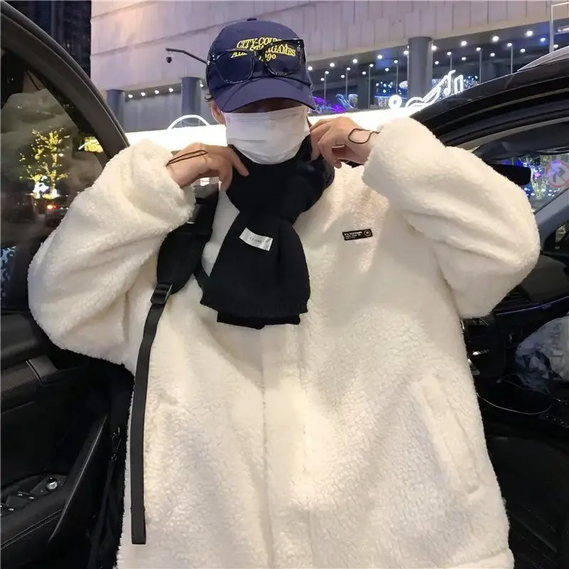 Men's Loose Fit Lamb Fur Jaet Polyester Filled Autumn Winter Korean Sle Trendy Cotton Coat with Fce  Thi Outer...