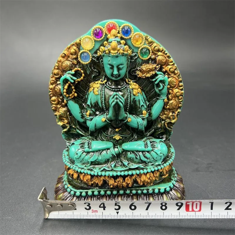 Vintage Patina Nepali Tibetan Four-Armed Guanyin Statue Turquoise Inlaid Painted Collectible Worship Decor