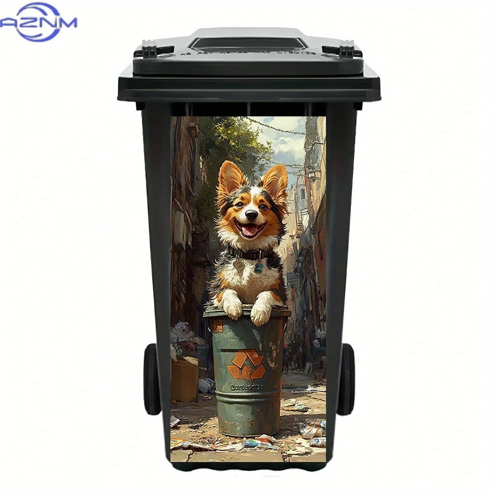 One Smiling Corgi Design on a Green Recycling Bin Labeled As Trash, Located in a Bustling Alley. These Waterproof PVC Stickers
