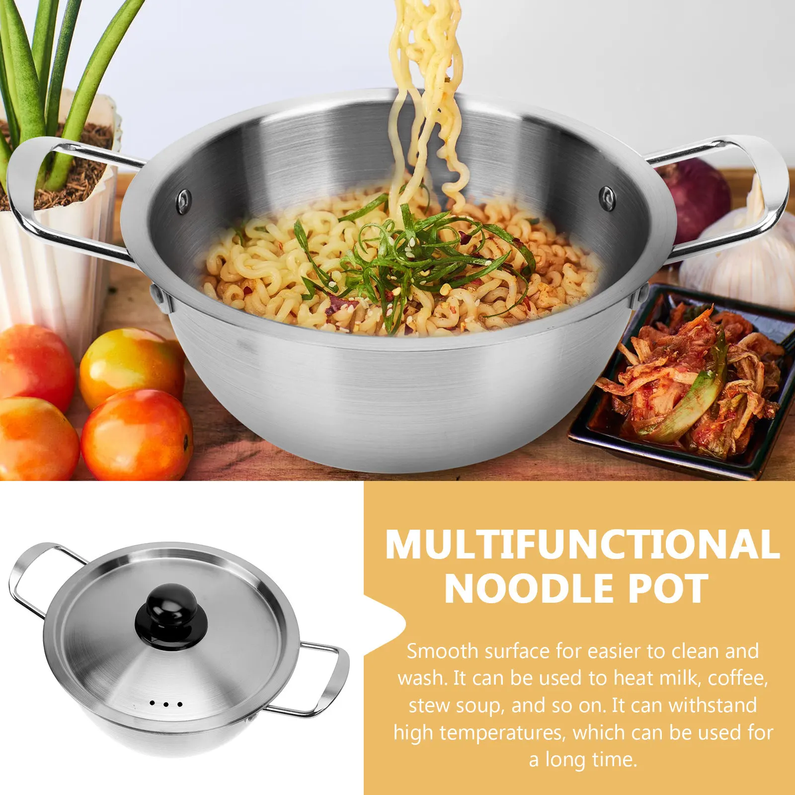 1 Juego de Olla de Acero Inoxidable con Doble Asa para Fideos Instantáneos, Estilo Coreano, para Sopa Ramen y Calentador de Leche, Utensilio de Cocina Doméstico