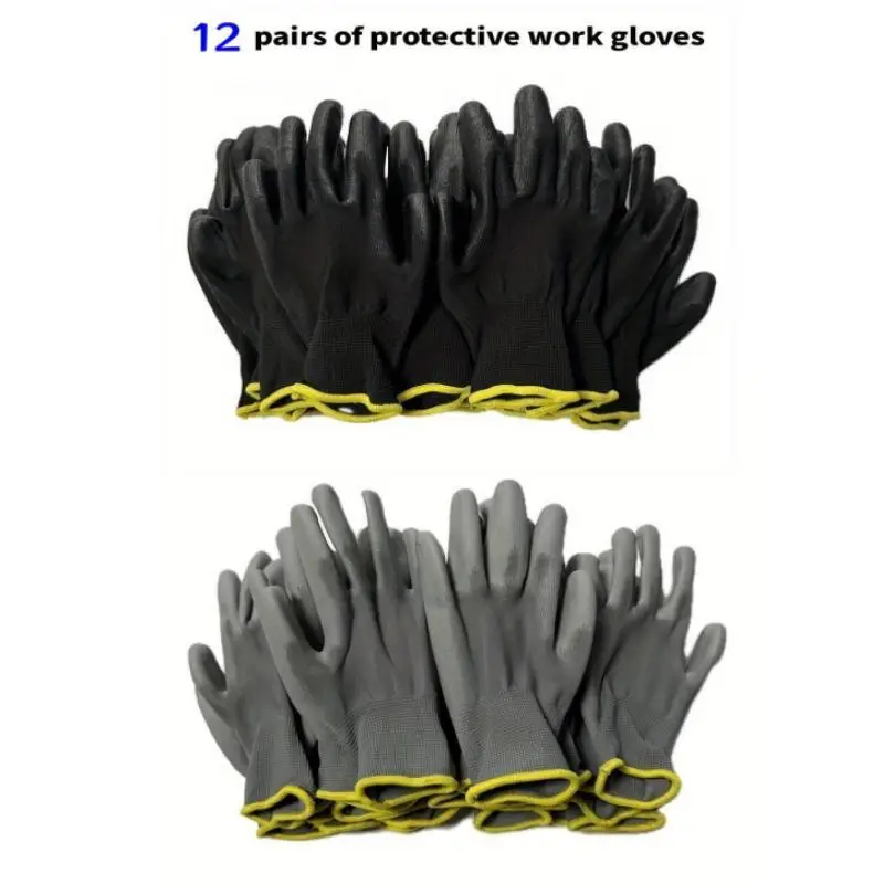 

12 pairs of black/gray gloves, safety work gloves, repair gloves, palm coated gloves, carpenter repair tools with CE EN-388