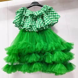 Green and White Contrast Color Plaids Mesh Patchwork Multi-layers Ruffles Skirt Shirt Dress Gauze Pleated Lotus Tees Vestidos