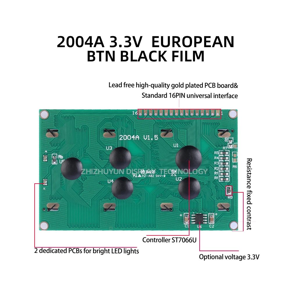 Spot Module LCD 2004A 3.3V European LCD Display Module BTN Black Film Green Letter LCM Display Module Dot Matrix Screen