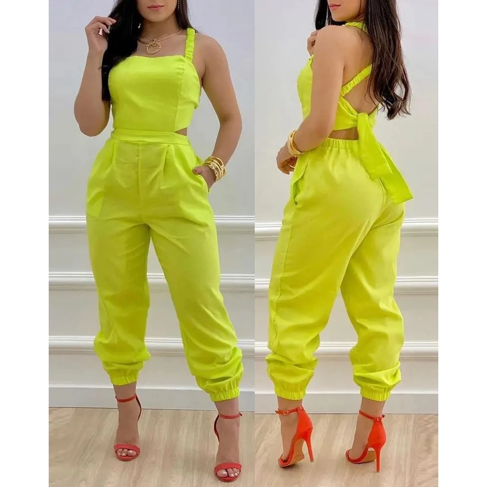 

Women's Monochromatic Lace Up Back Jumpsuit Sexy Fashion Backless Jumpsuit Square Neck Ruched Pocket Summer Streetwear