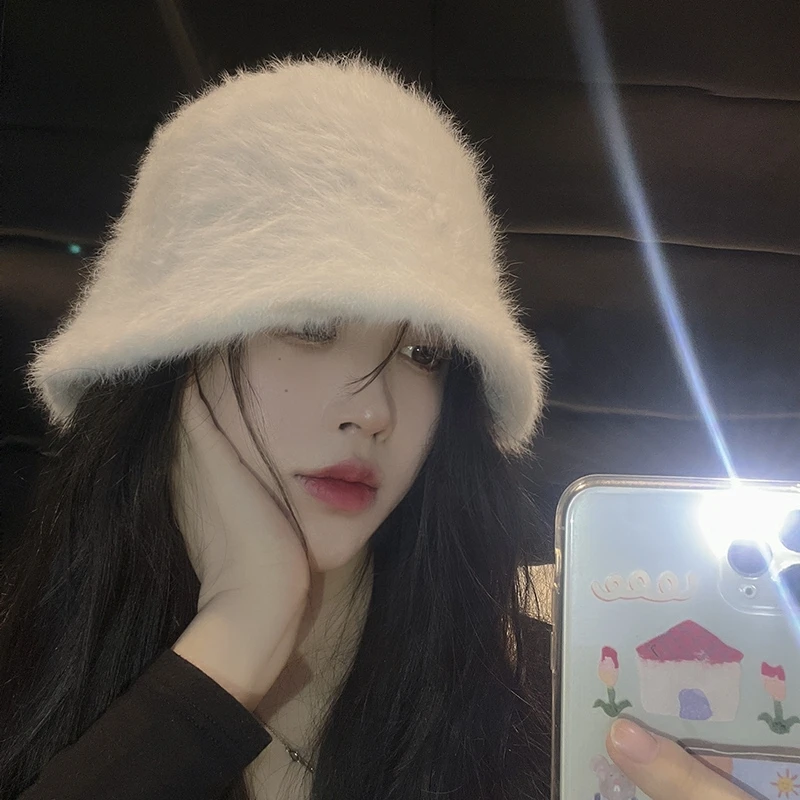 White Rabbit Fur Fisherman Hat for Women, Plush Bucket Hat, All-Match, Big Head Circumference, Small Face-Looking Small Hat