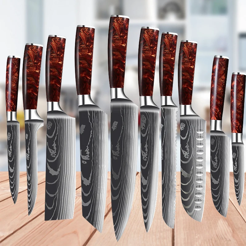 

1-10PC Kitchen Knives Set Fish Fillet Utility Slicer Steel Red Resin Handle Laser Pattern Chef Japanese Santoku Knife Cleaver