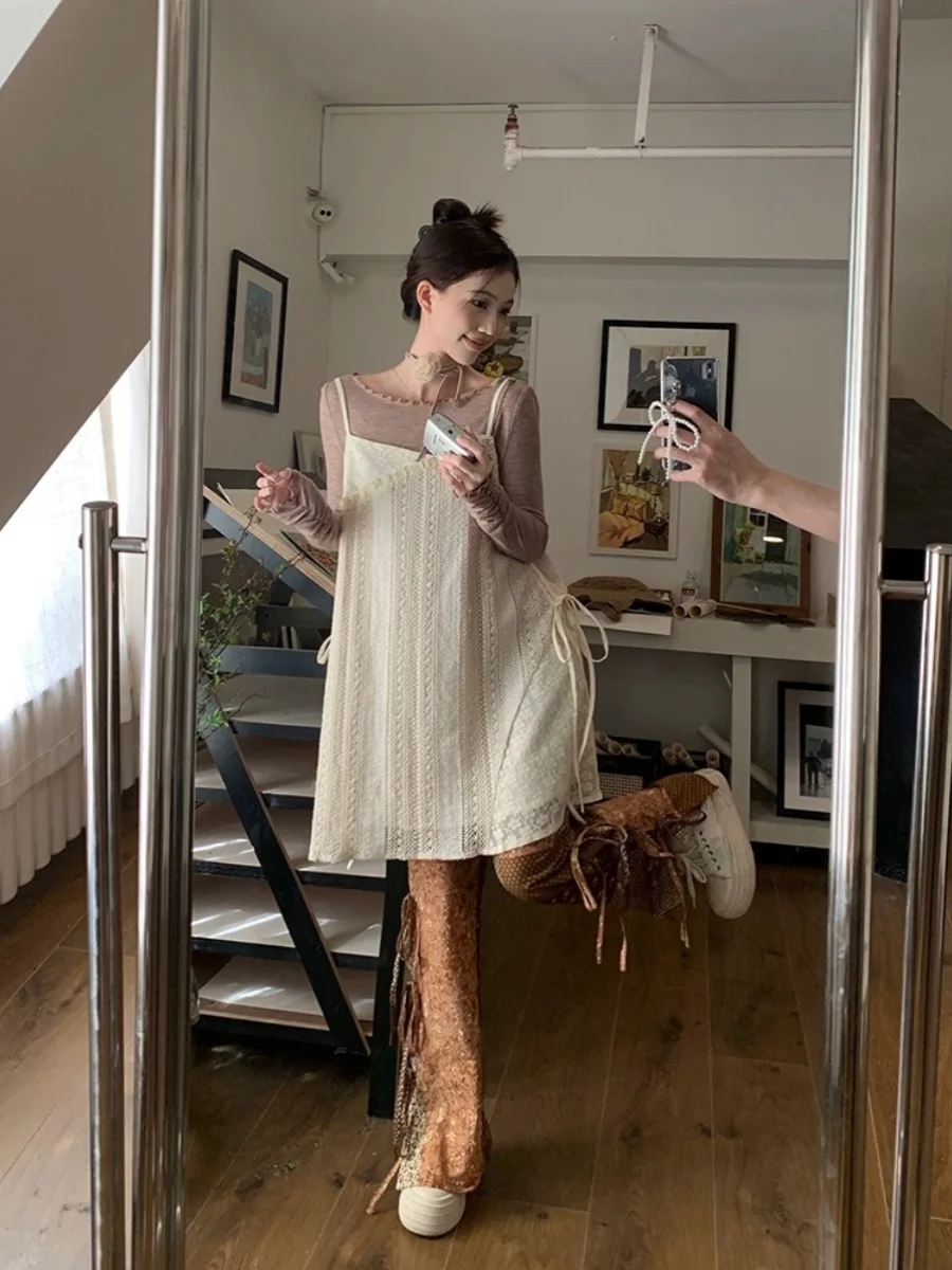 Vestido f estilo coreano com alças vazadas, camada de base, gola em v, cintura alta, linha a, vestido curto, temporada...