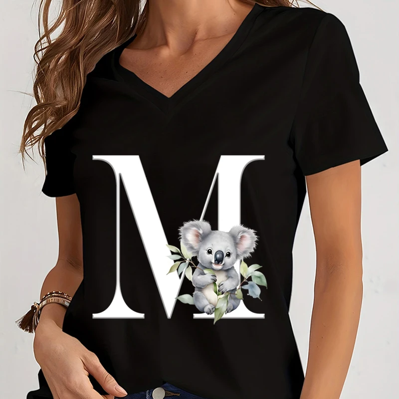 

26 Initials Plants Koala Woman V Collar Clothing Printed Shirt Fashion Woman Clothes English Alphabet T Shirts Graphic Top Women