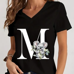 26 Initials Plants Koala Woman V Collar Clothing Printed Shirt Fashion Woman Clothes English Alphabet T Shirts Graphic Top Women