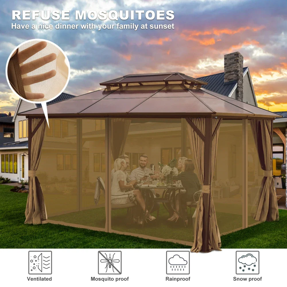 10X13ft Patio Gazebo with Netting & Curtains,  Outdoor Aluminum Gazebos Grill  Double Canopy for Deck Backyard,Hardtop Gazebo