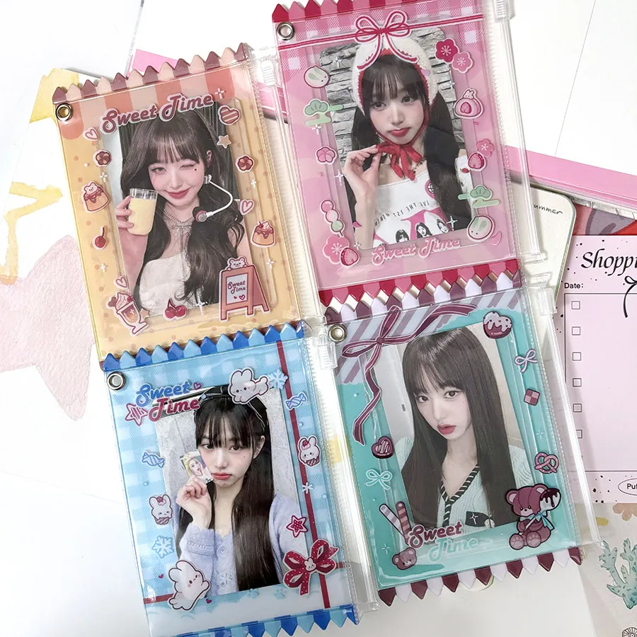 4Pcs Kawaii PVC Zipper Photocard Holder Bag Charm Cute Sweet Candy Aesthetic 3 Inch Card Badge Storage Pouch with Keychain Loop