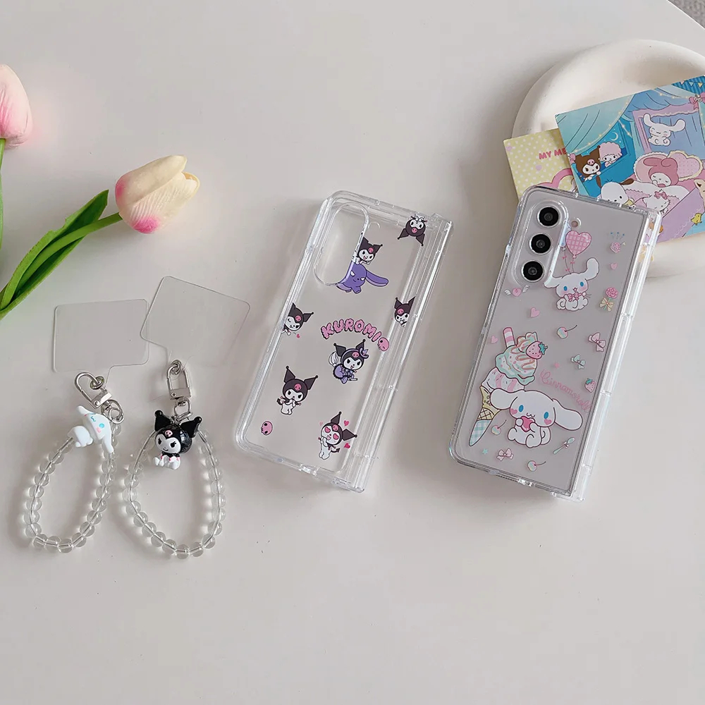 Transparent Hinge Protection Phone Case For Samsung Galaxy Z Fold 6 5 4 Fold6 Hard PC Shockproof Cover Kuromi Cinnamoroll