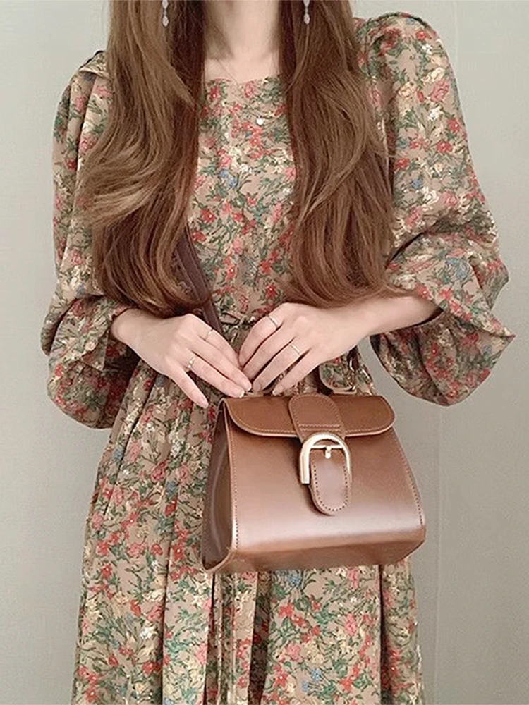 Chic Summer New Gentle Personali round Ne Bubble Sve Belted Waist Slim Long Floral Print Dr Korean Sle A-Line Skirt