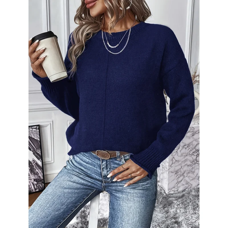 

Женский однотонный вязаный свитер с круглым вырезом и длинными рукавами для осени/зимы