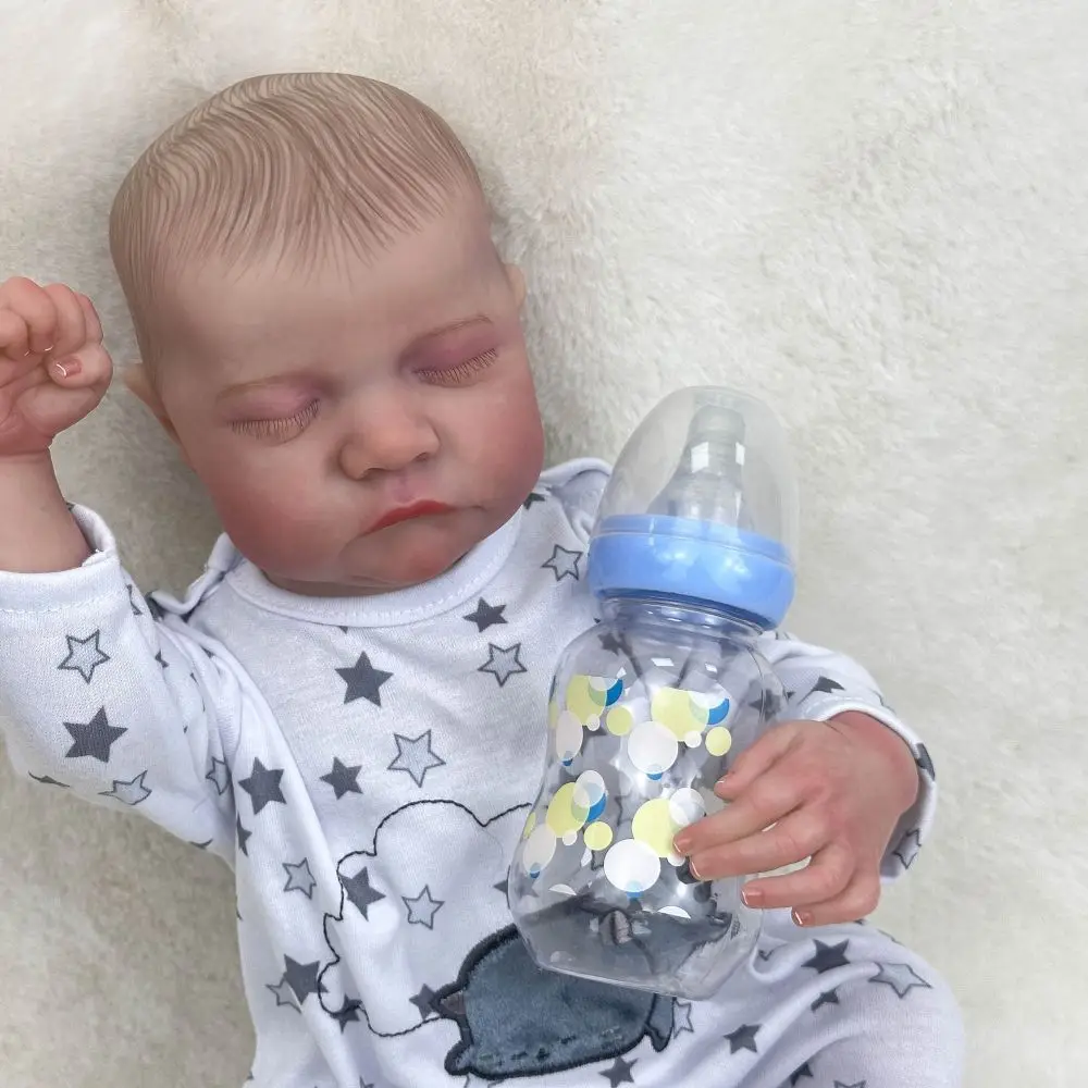 Boneca menino reborn de vinil de 18 polegadas |   Dormindo com olhos fechados, características faciais requintadas, cabelo/pele pintados à mão, pijama estrela de desenho animado
