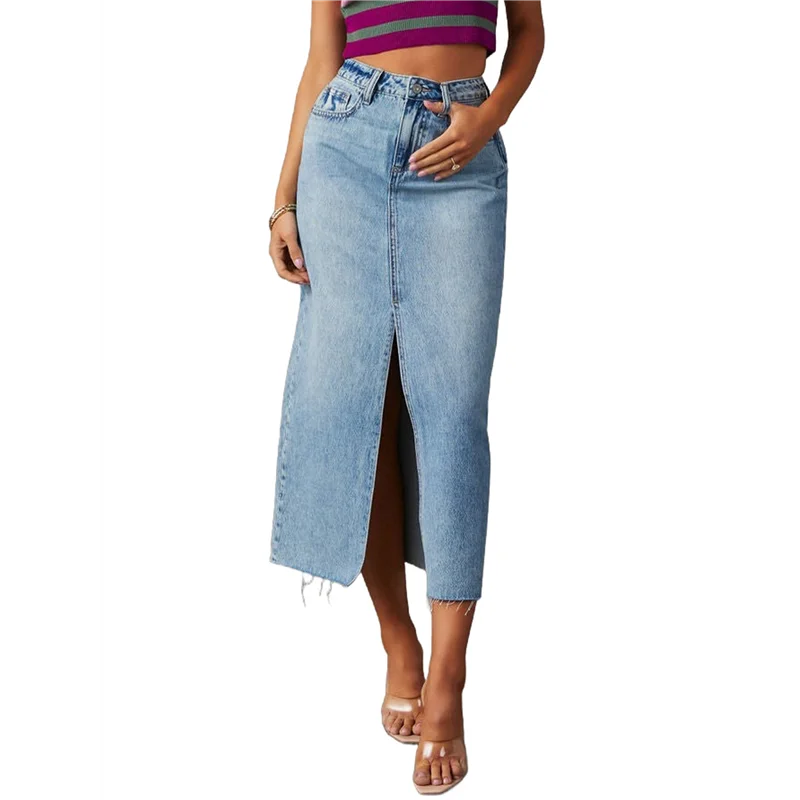 

FX-Women's Jean Skirt Stretch High Waisted Frayed Raw Hem A Line Denim Midi Skirt With Pockets