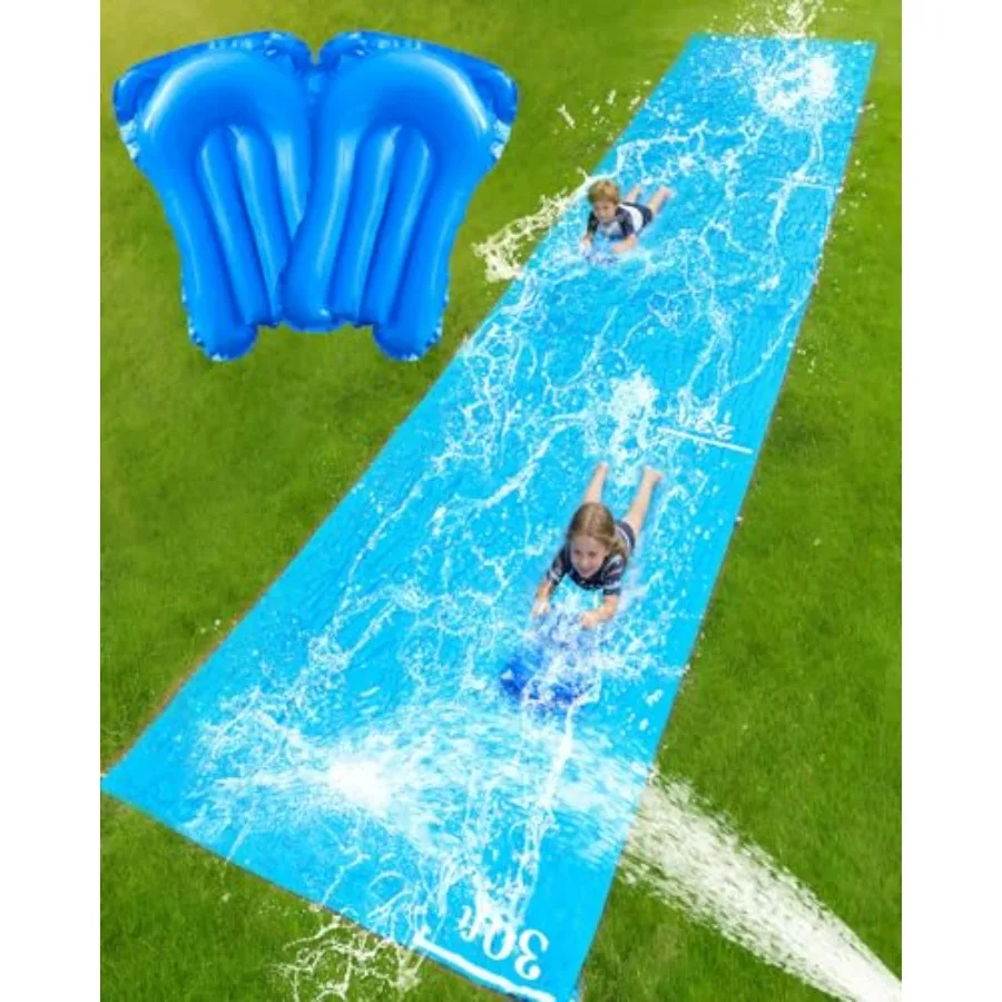 Backyard water slide for kids and adults, extra-long 30ft PVC slip n slide with inflatable bodyboards, blue and yellow, ultra-s