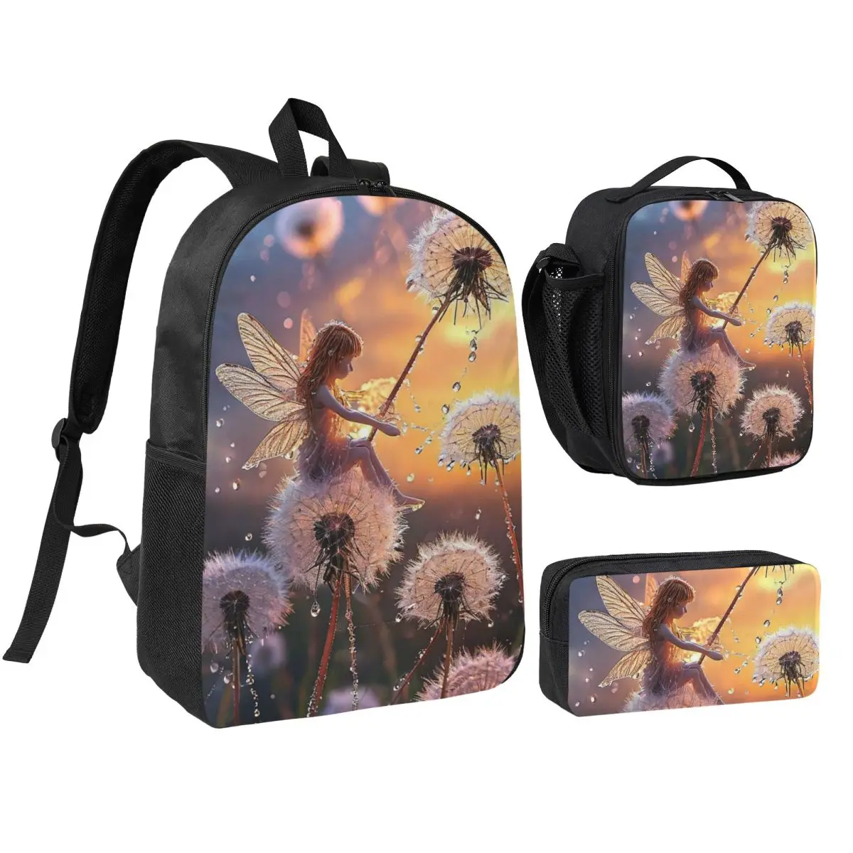 Dandelion Flower Watercolor Elf Girl Backpack Boys Girls BookBag School Bag Shoulder Bags 3ps Insulated Lunch Bag Pencil Case