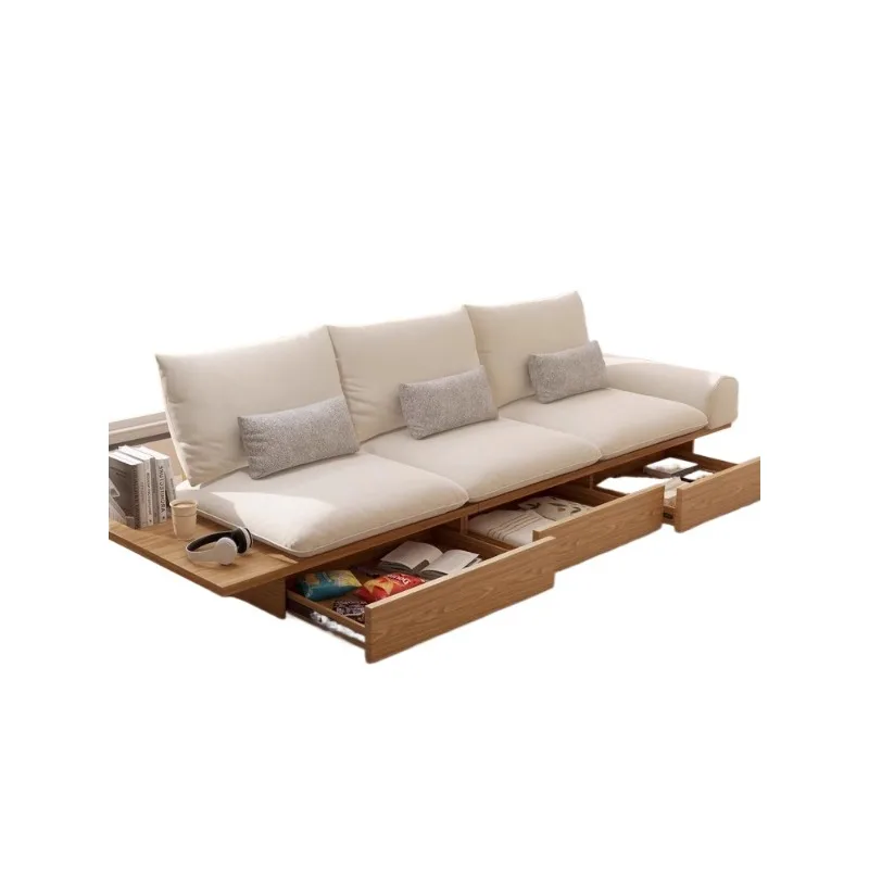 Japanese-style sofa solid wood frame, living room small apartment Nordic simple storage three-person floor fabric log