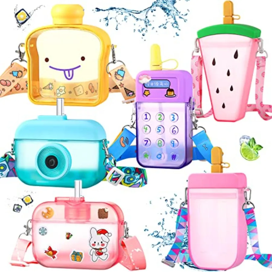 

6 Pcs Water Bottles with Straws for Watermelon Adjustable Strap Leakproof Plastic Watermelon Ice Cream Camera Bread Biscuits Sh