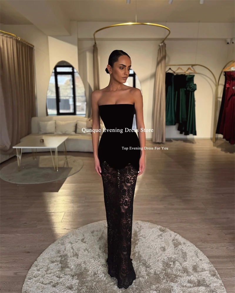 ชุดราตรีผ้ากำมะหยี่สีดำเซ็กซี่ ดีไซน์หรูหราสำหรับงานปาร์ตี้ แต่งลูกไม้ซีทรู ชุดออกงานพรอม คอร์เซ็ทผูกหลัง ชุดราตรีงานเลี้ยง สามารถสั่งตัดได้