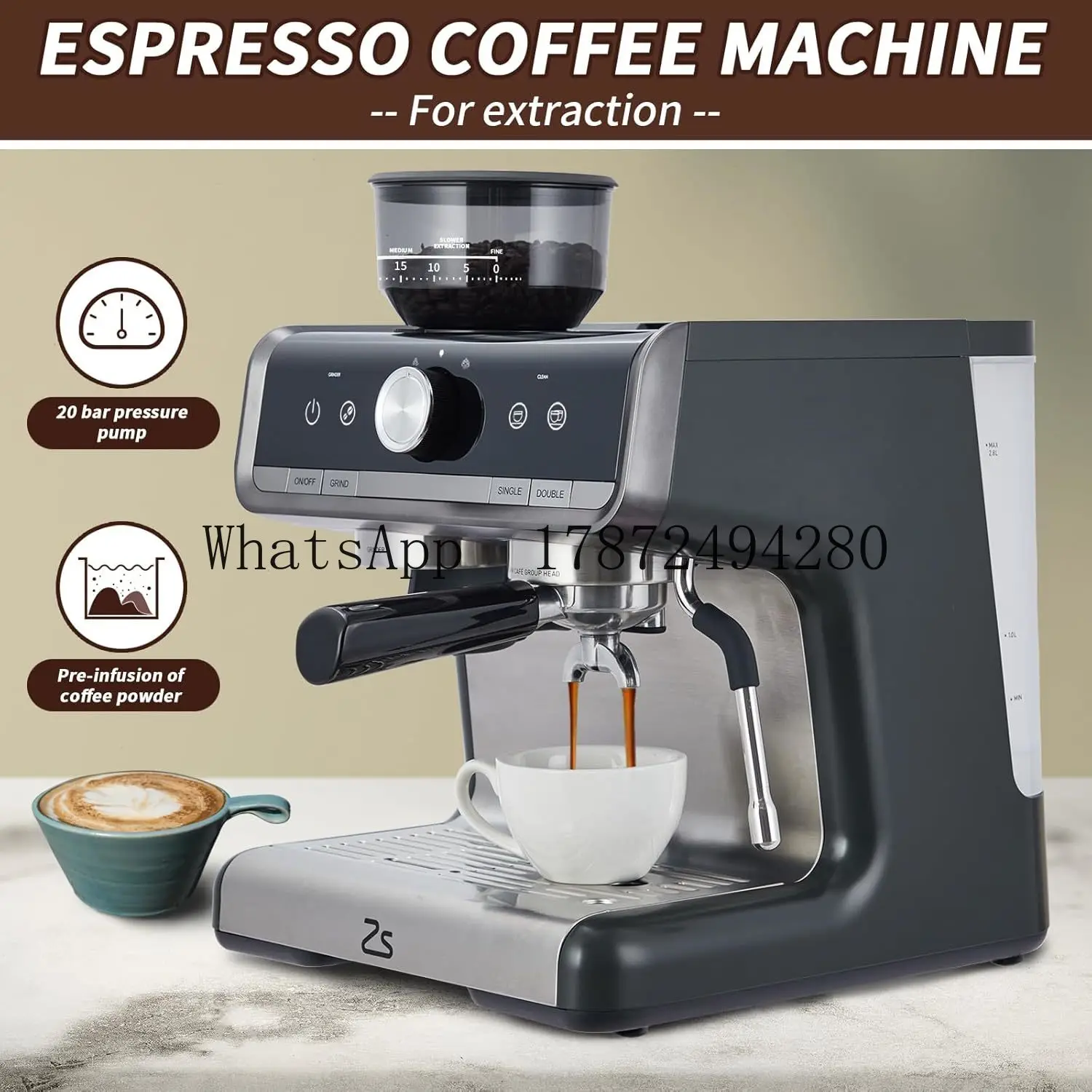 

Espresso Machine with Grinder, Professional Espresso Maker with Milk Frother Steam Wand, 20 Bar Barista Cappuccino Machine,1450W