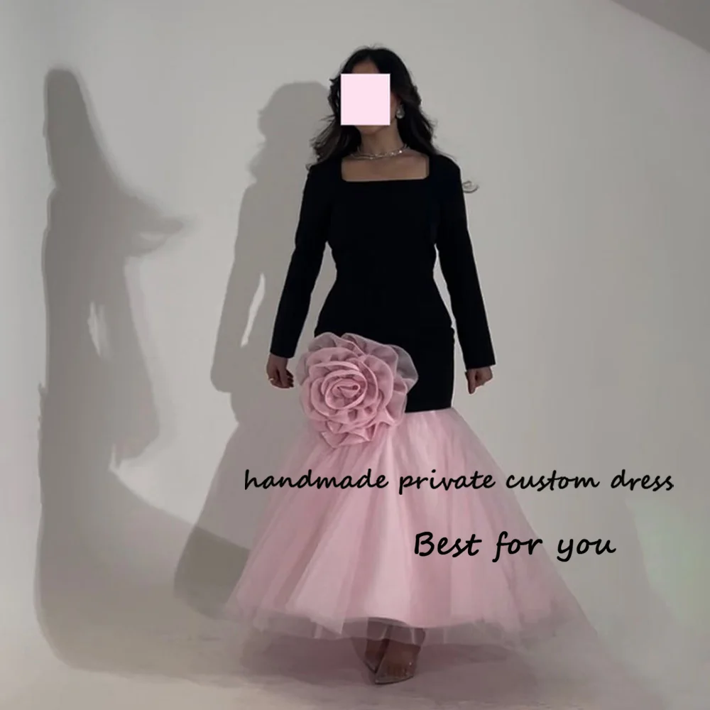 

Black Pink Mermaid Evening Dresses Long Sleeve Square Neck Pleats Flower Dubai Arabia Prom Party Dress Floor Length Formal Gowns