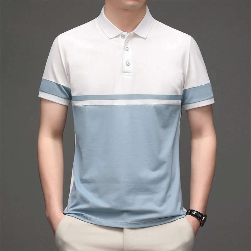 Men's Clothing Comfortable Pullover Button Short Sleeve Turn-down Collar Contrast Color Casual T-shirt Summer Formal Tops