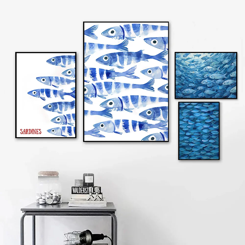 Retro-Poster aus blauem Sardinen, mediterraner Stil, Sardine-Tier-Wandkunstdrucke, ideales Geschenk für moderne Wohnzimmer- und Heimdekoration