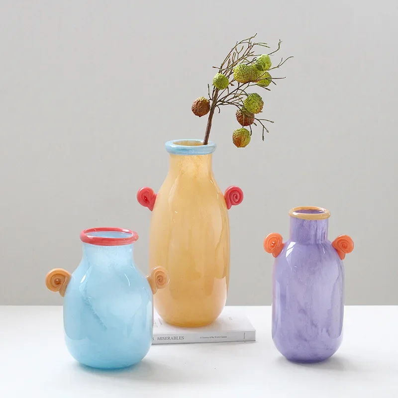 Creative Glass Vase Cartoon Candy Handle Flower Vase Floral Arrangement Accessories Terrarium Home Decoration Accessories
