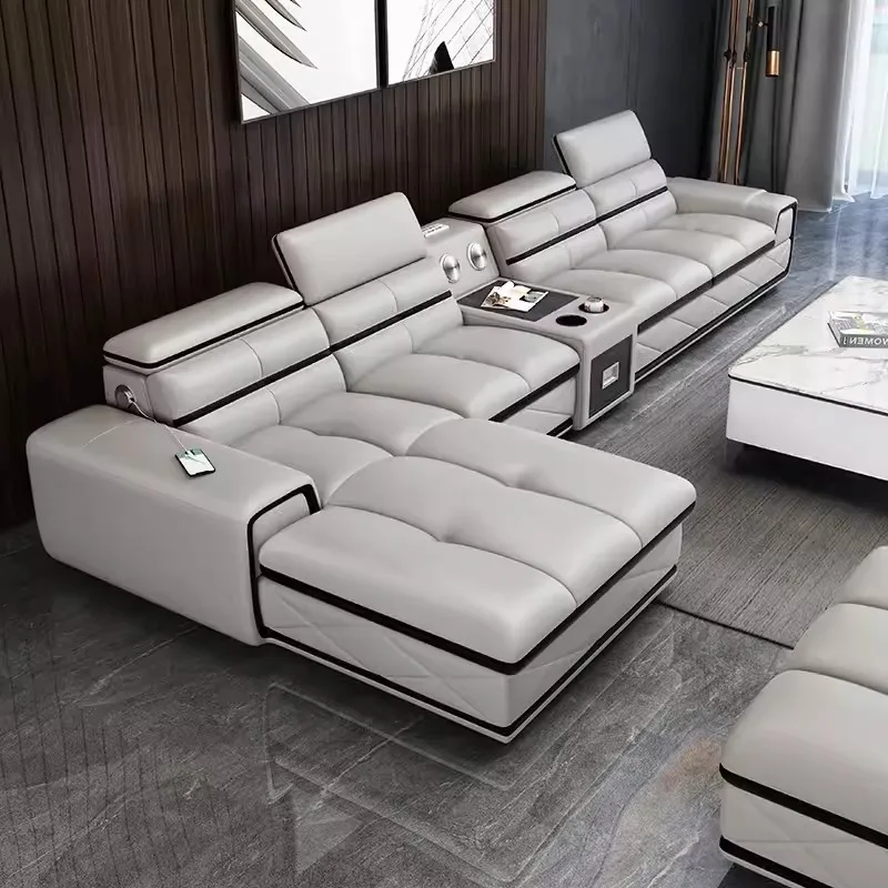 

Linlamlim Modern Couch Sofas Genuine Leather Sectional Sofa Sets with USB Charging and Bluetooth Speaker - Living Room Furniture