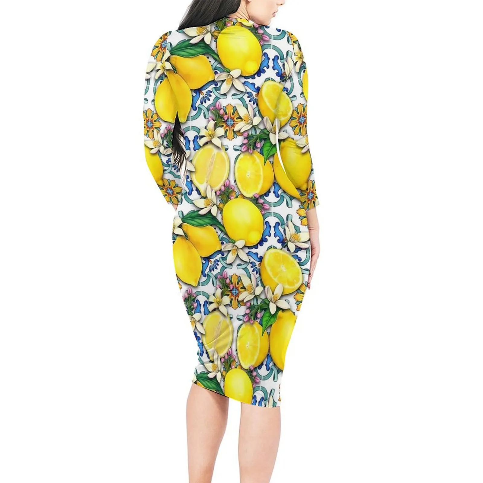 Sicilian Tiles with Citrus Lemon Bodycon Dress Spring  Cute Dresses Ladies Long Sleeve Graphic Street Style Dress Big Size