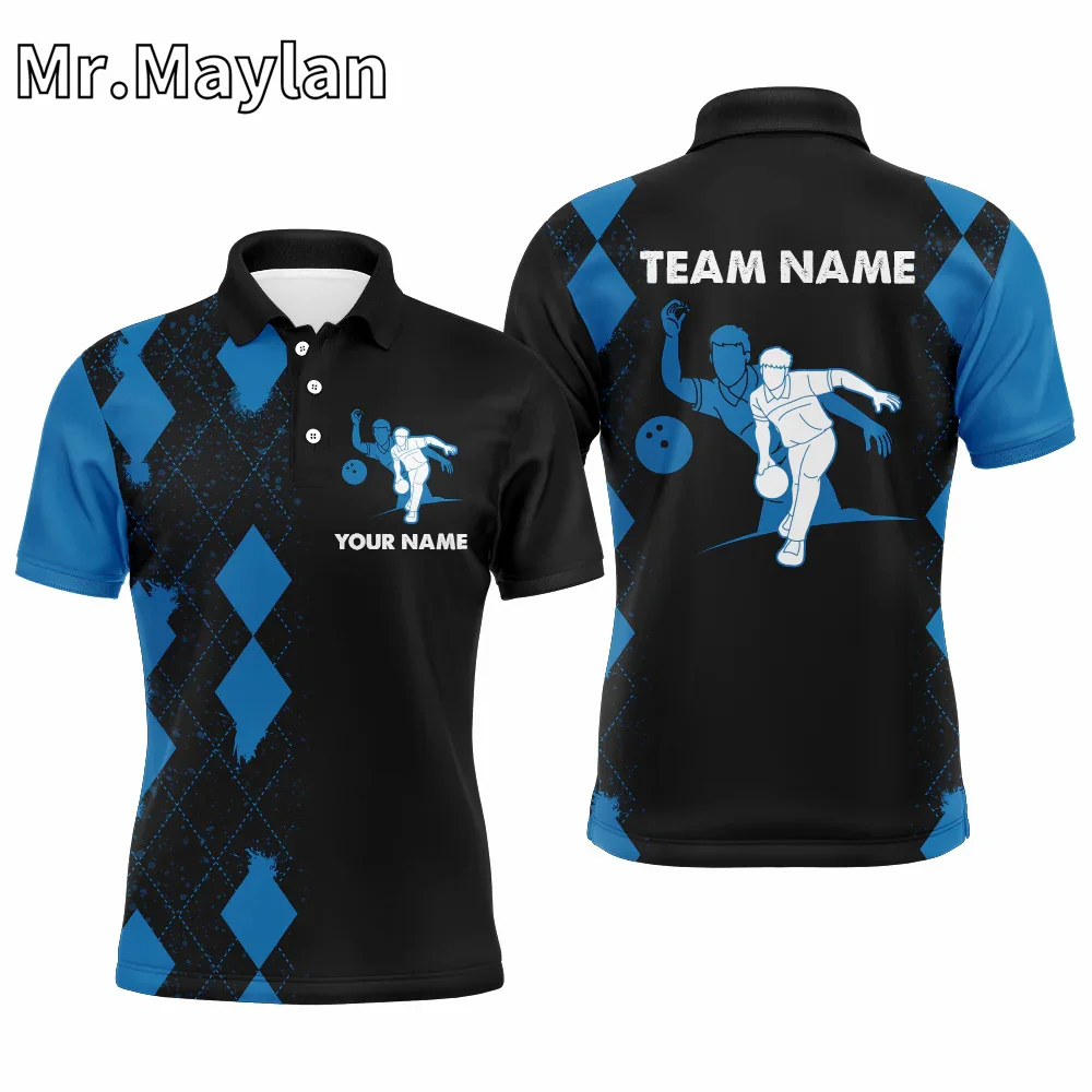 3D Personalized Bowling Shirt for Men Custom Name Blue&Black Polo Shirts Bowler Team Jersey Gift  for Bowling Lover Unisex Tops