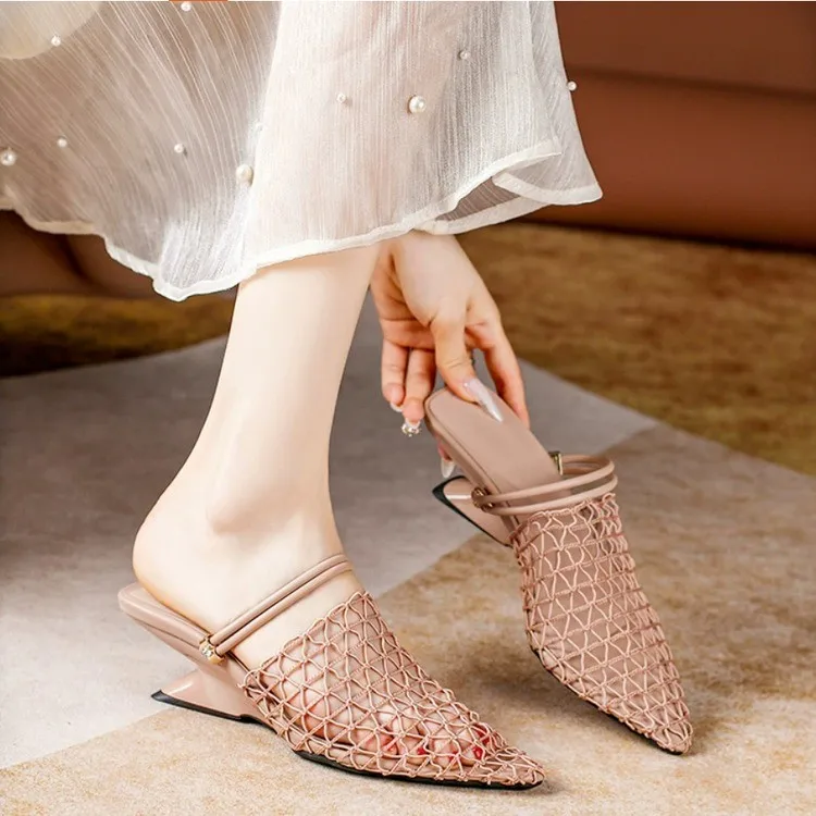 Women's 2026 New Solid Color Mesh Hollow Breathable Two-Wear Sandals Summer Fashion Trend Casual Shaped Heel Baotou Slippers